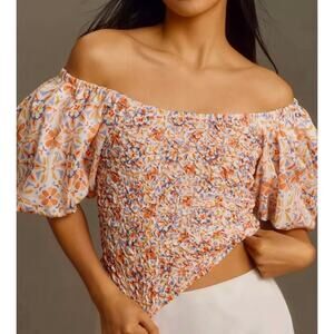 Anthropologie Floral Off-Shoulder Blouse - Orange and Blue